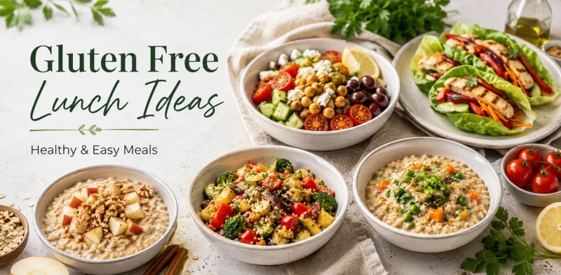 Healthy gluten free lunch ideas with colorful meal prep bowls, fresh vegetables, lettuce wraps, chickpeas, quinoa, oats, and low-calorie ingredients