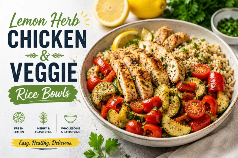 Lunch Meal Prep Ideas Gluten Free: Lemon Herb Chicken & Veggie Rice Bowls featured