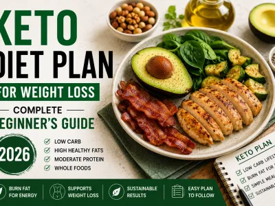 Keto diet plan for weight loss featuring grilled chicken, avocado, bacon, spinach, zucchini, and healthy low-carb foods