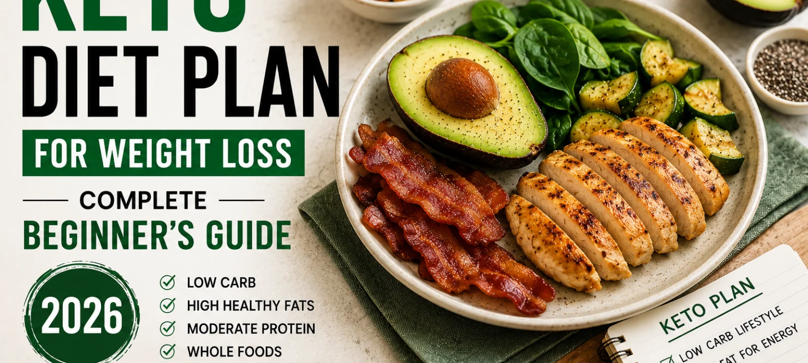 Keto diet plan for weight loss featuring grilled chicken, avocado, bacon, spinach, zucchini, and healthy low-carb foods