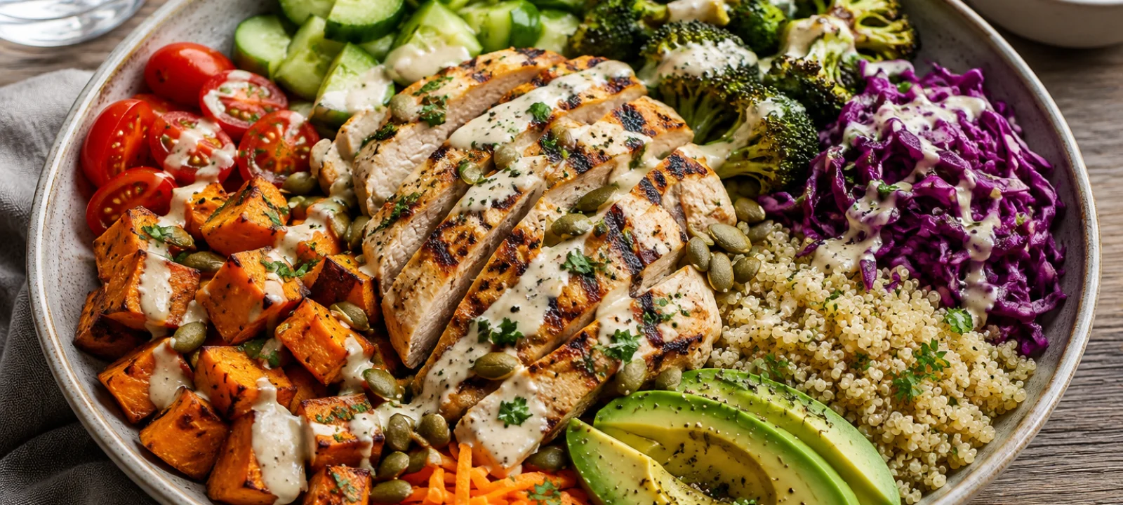 Chicken Buddha Bowl with grilled chicken, quinoa, roasted sweet potatoes, avocado, broccoli, fresh vegetables, and lemon tahini dressing.